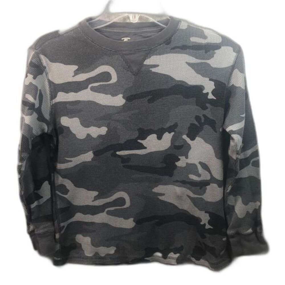 Faded Glory Boys Gray Camo Waffle Knit Long Sleeve Shirt Size L (10-12)